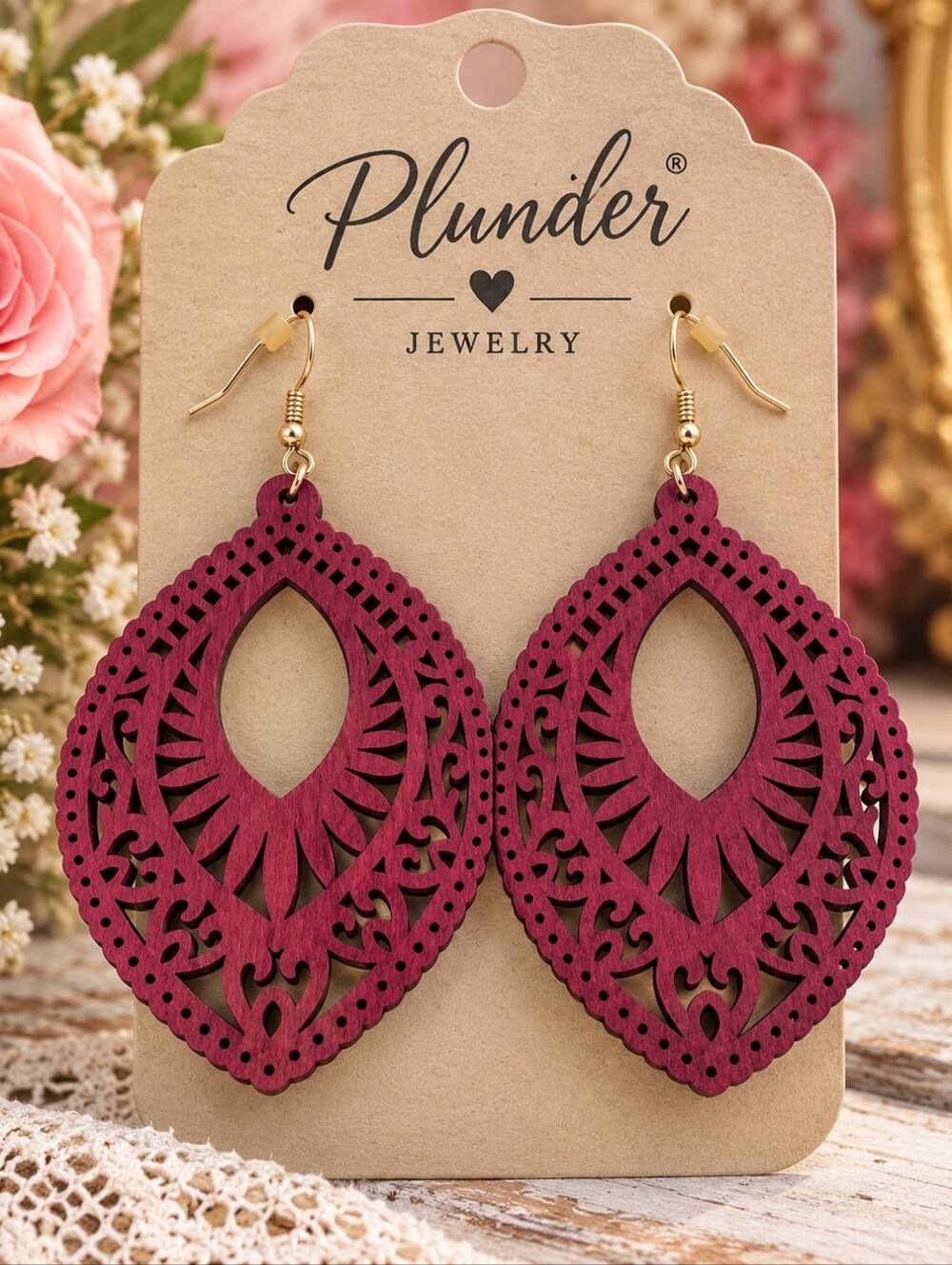 Plunder Burgundy Wooden Filigree Teardrop Earrings – 2”